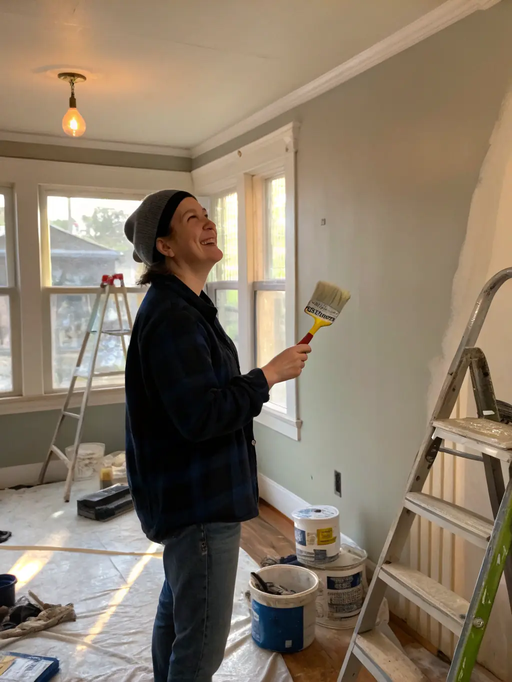 A homeowner receiving drywall repair and painting in a living room, illustrating Mr. Painter's home improvement services.