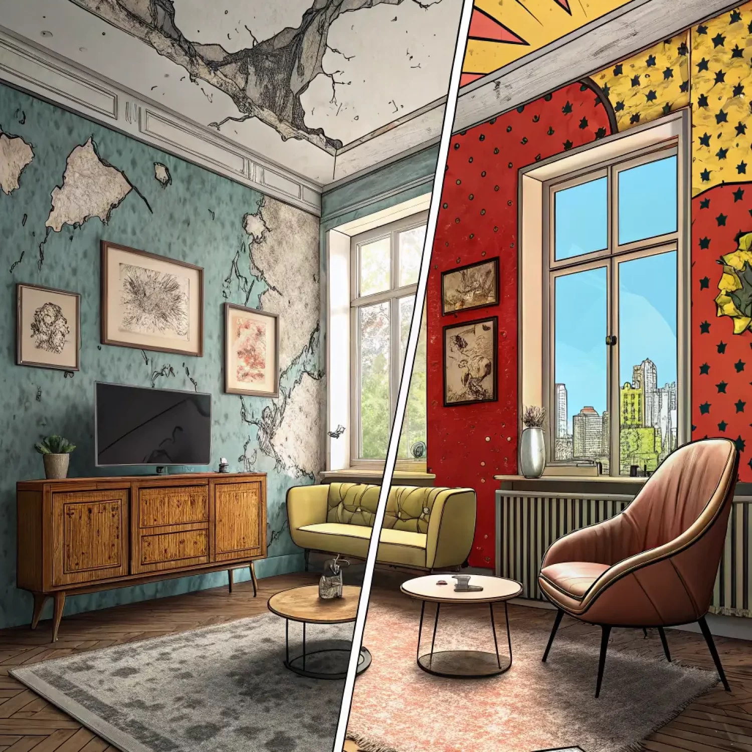 A before-and-after shot of a room transformation, showcasing the dramatic impact of Mr. Painter's services.